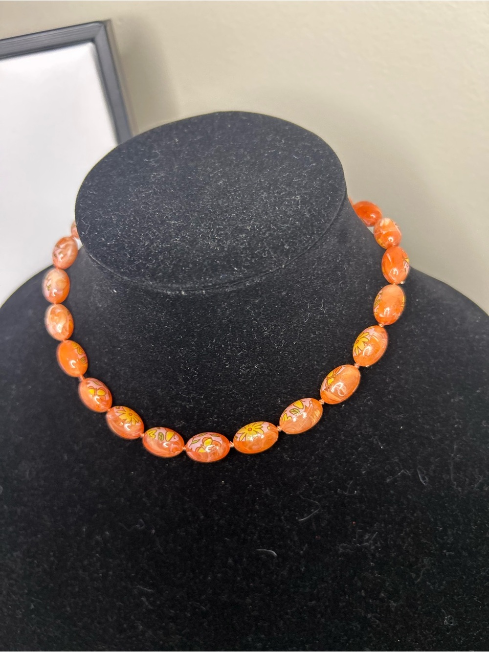 Vintage Hand-Painted Orange Floral Tied Bead Necklace - Women's Jewelry